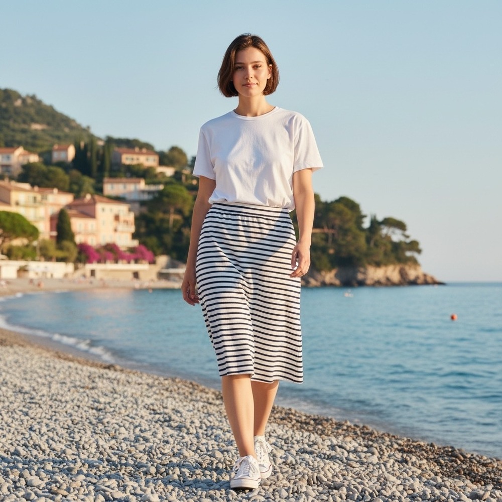 OVI Striped Midi Skirt Navy‎ White Drawstring Elastic Waist S2185 Women's Size M